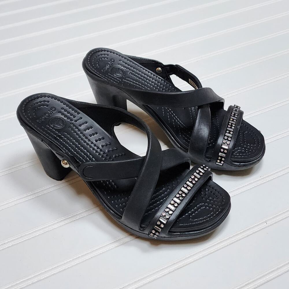 Crocs Women's Cyprus IV Rhinestone Heel Sandals Size 7 Black